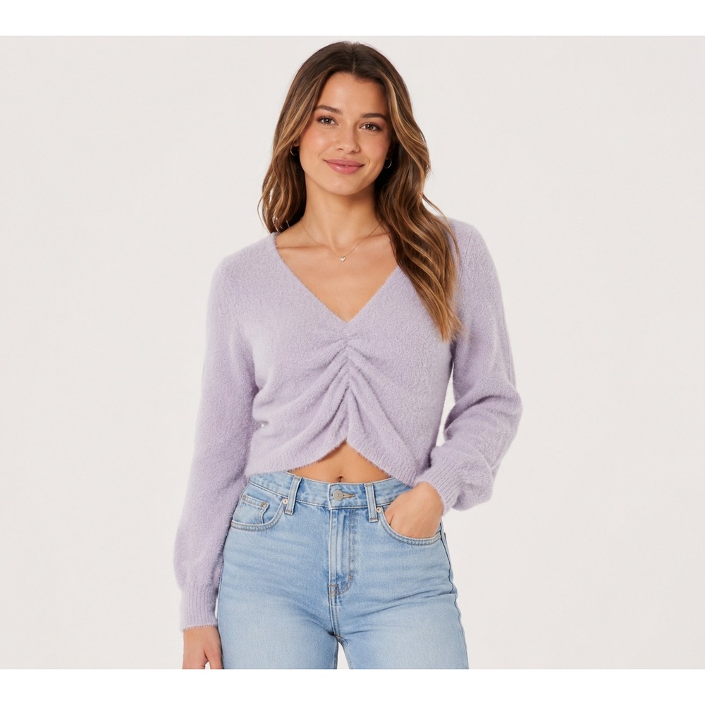 Hollister Lavender Fuzzy Cinch Reversible‎ Cropped Sweater Women's Large
